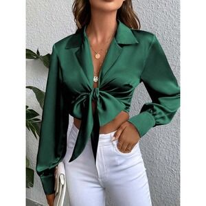 Top Chic Emerald Green Satin Tie Front Crop Top Pearl Cuff Long Sleeve Top (124)